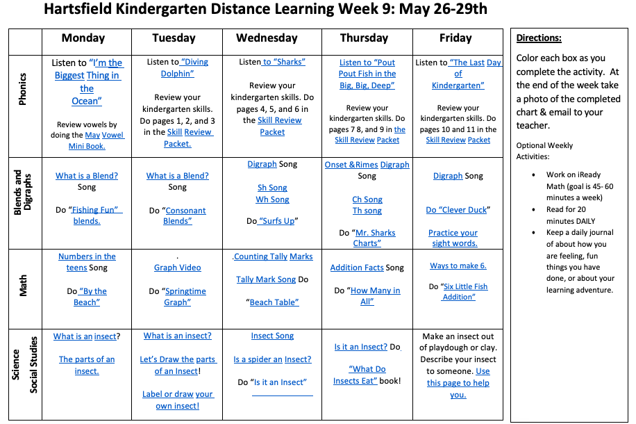 Distance Learning Week 9: May 26-29th 